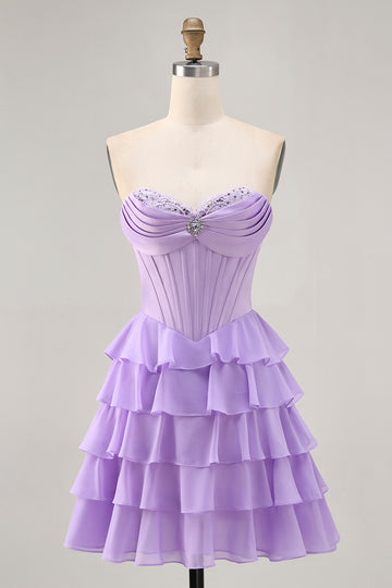 Purple Corset Tiered Ruffle Strapless A-Line Homecoming Dress